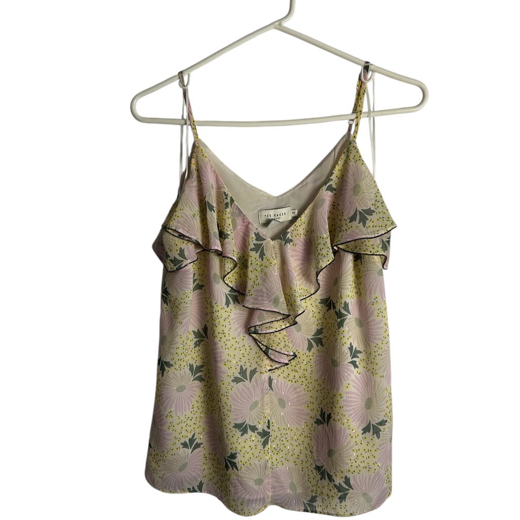 Ted Baker Women’s 2/Small Shaunia Floral Ruffled V Nevk Tank Fairy Whimsy 648